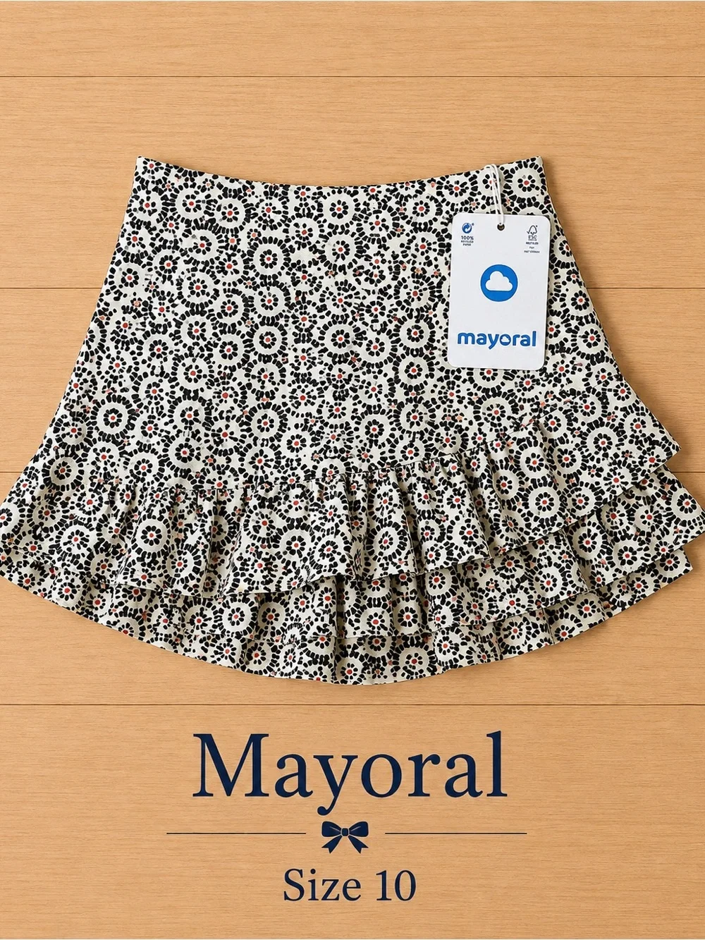 Mayoral Cream Floral Ruffle Skirt with Black and Red Accents